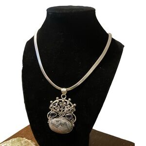 Large Jasper Pendant Necklace on a Chunky 18” Silver Tone Liz Claiborne Chain